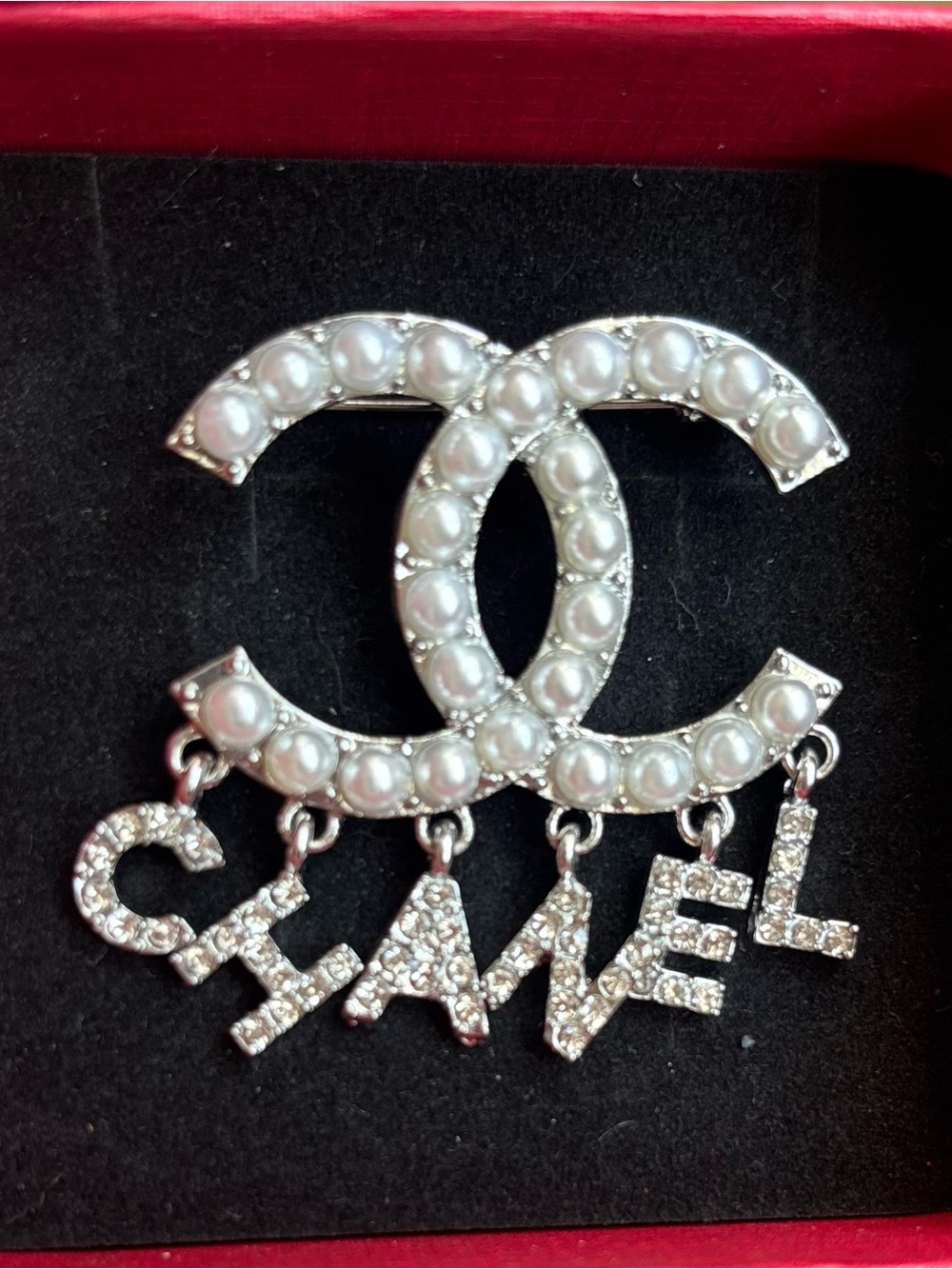 Silver-Tone Pearl Logo Brooch with Crystal CC logo and  Letter Dangles